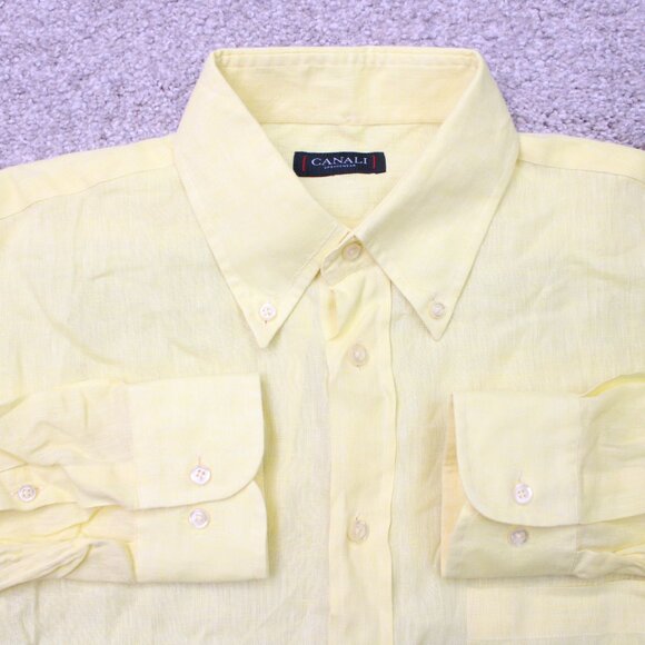 Canali Dress Shirt Mens Medium Yellow 100% Linen Long Sleeve Button Down - Picture 1 of 14